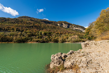 Lago di Tenno, small and beautiful lake in Italian alps, Trento province, Trentino-Alto Adige, Italy, Europe