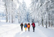 © Halfpoint - A group of young friends on a walk outdoors in snow in winter forest.