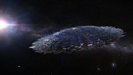Wall Mural - ufo, alien spaceship in outer space, flying saucer with stars of the milky way galaxy