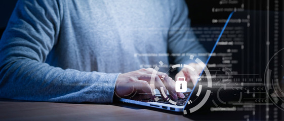 close up programmer man hand (employee) typing computer language (binary code) to input on security system to protect and prevent malware (virus) for cyber security concept
