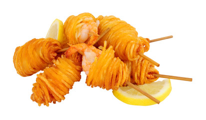 Wall Mural - Potato string spiral wrapped sweet king prawns on wooden skewers isolated on a white background