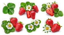 Set Berry Strawberry And Raspberry With Green Leaves, Isolated On White Background.