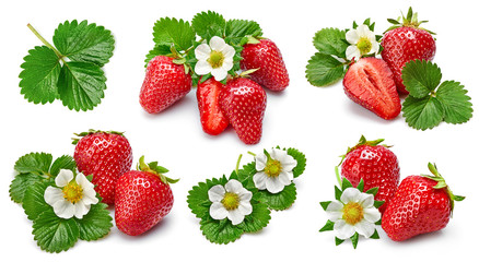 set berry strawberry and raspberry with green leaves, isolated on white background.