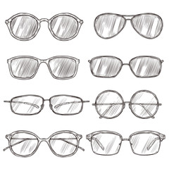Wall Mural - Sketch sunglasses. Hand drawn eyeglass frames, doodle eyewear. Male and female glasses isolated fashion vector vintage set. Illustration sunglasses and eyeglasses sketch, fashion drawn