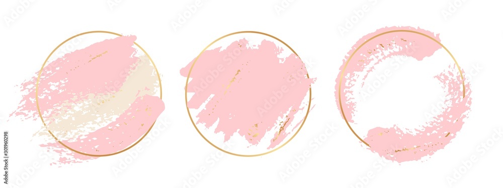 Gold pink background. Circle gold frames with pastel pink brushes elements. Vector brush strokes banners template. Illustration stroke pastel, splash brush watercolor - obrazy, fototapety, plakaty 