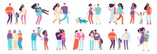 Different Families. Arab, Caucasian, Mixed Couples. Heterosexual And Homosexual Families With Kids And Pets. Mothers, Fathers, Friends Vector Characters. Set Kind Family With Pet And Kid Illustration