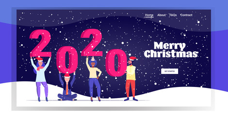 Wall Mural - mix race people in santa hats holding number 2020 celebrating corporate party merry christmas happy new year winter holidays celebration concept greeting card full length horizontal vector