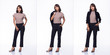 © Jade - Collage Group Pack of Fashion Young Mother Indian / Asian Woman black hair beautiful make up purple dress black pants stand pose snap 360 body full length. Studio Lighting white Background isolated