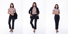 Collage Group Pack Of Fashion Young Mother Indian / Asian Woman Black Hair Beautiful Make Up Purple Dress Black Pants Stand Pose Snap 360 Body Full Length. Studio Lighting White Background Isolated