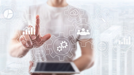 Wall Mural - business process abstract diagram with gears and icons. workflow and automation technology concept.