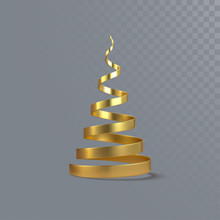 Abstract Christmas Tree Isolated On Transparent Background. Vector 3d Illustration. Festive Decoration Element. Golden Ribbon. Helix Shape