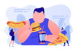 Overweight man eating burger, tiny people giving fast food. Overeating addiction, binge eating disorder, compulsive overeating treatment concept. Pinkish coral bluevector isolated illustration