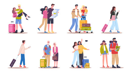 vector illustration set of tourist with laggage and handbag.