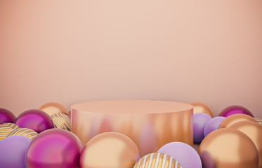 Fototapete - Empty cylinder box with Christmas balls background. Luxury cosmetic product display scene. 3d render.