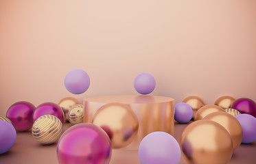 Fototapete - Empty cylinder box with Christmas balls background. Luxury cosmetic product display scene. 3d render.