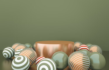 Fototapete - Empty cylinder box with Christmas balls background. Luxury cosmetic product display scene. 3d render.