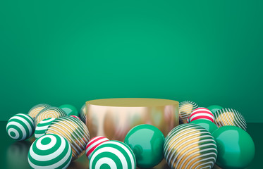 Fototapete - Empty cylinder box with Christmas balls background. Luxury cosmetic product display scene. 3d render.