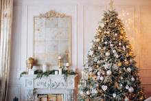 Warm Cozy Beautiful Modern Design Of The Room In Delicate Light Colors Decorated With Christmas Tree And Decorative Elements Fireplace 