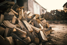 Pile Of Firewood On A Heap. Coniferous And Deciduous Stacks Of Firewood. 