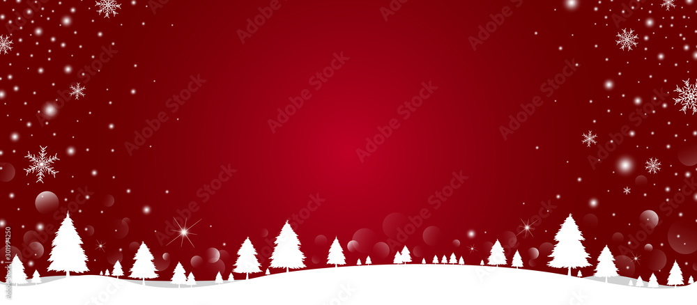 Christmas background design of pine tree and snowflake with snow falling in the winter vector illustration - obrazy, fototapety, plakaty 