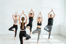 Back View Of Yoga Trainer Standing In Front Young People Practicing Tree Pose