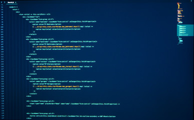 Wall Mural - Lines of java coding on computer screen. Source code. Frontend development. React Coding. Script language for software development