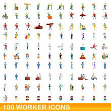 100 Worker Icons Set. Cartoon Illustration Of 100 Worker Icons Vector Set Isolated On White Background