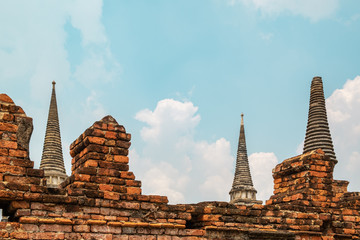 ancient buddhist temple in Ayutthaya historical park,Thailand, there are pagoda and ruins of brick and stucco buildings, Wat Phra Si Sanphet a UNESCO World Heritage Site