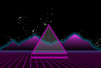 80s style sci-fi, black starry sky background behind purple mountains and triangle in the middle of illustration. futuristic poster template.