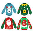 Christmas jumper with reindeer, elf, Santa head and hat vector cartoon set isolated on a white background.