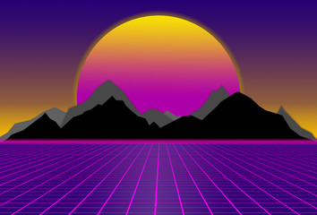 80s style sci-fi, purple background with sunset behind black and gray mountains. futuristic illustration or poster template. Synthwave banner.