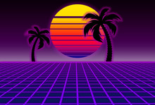 80s Style Sci-fi, Purple Background With Sunset And Palms. Futuristic Illustration Or Poster Template. Synthwave Banner.