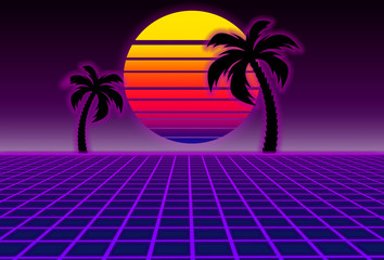 80s style sci-fi, purple background with sunset and palms. futuristic illustration or poster templat