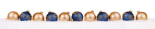 Golden And Blue Christmas Baubles In A Row On Snow, Christmas Balls