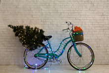 Christmas Greeting Card With Blue Bicycle Decorating By Lights