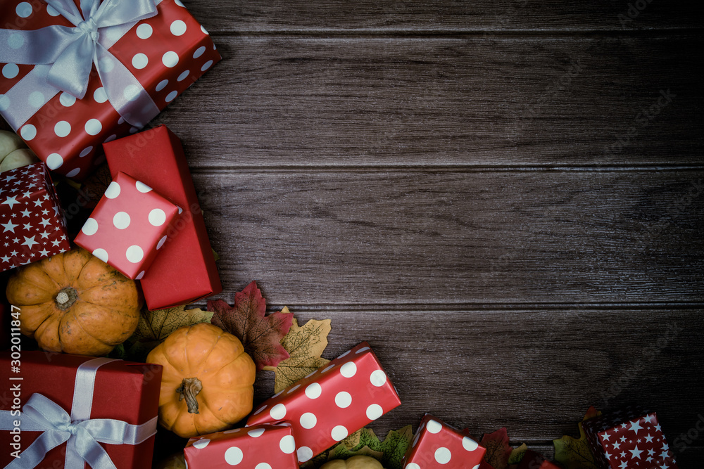 Gift box red and Accessories for Holiday Christmas background , thanksgiving Festival 2019, Copy space for text.