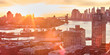 Panorama of Brooklyn and Lower Manhattan, New York City at sunset.