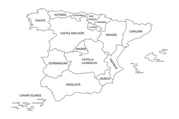 Naklejka na meble Map of Spain with borders of regions, states or autonomous communities. Detailed black outline map silhouette for banner, poster,  web-site. Travel concept. EPS10 illustration.