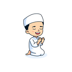 Cute Boy kids Muslim praying to the God, vector cartoon illustration