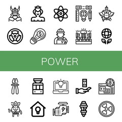 Set of power icons such as Viking, Radioactive, Sumo, Creative, Atomic, Electrician, Creativity, Fans, Coat of arms, Ecology, Plier, Wrestler, Tramway, Lighting, Idea , power