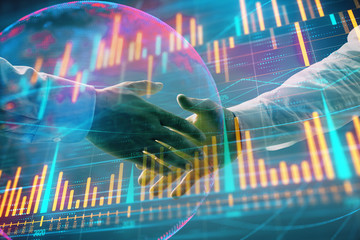 Multi exposure of forex graph and world map on abstract background with two businessmen handshake. Concept of success on international markets