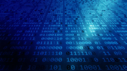 abstract tech binary code background in color blue, digital binary data and secure data concept.