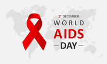 World AIDS Day December 1st. Banner With Red Ribbon And Text World Aids Day On Gray Map Background. Vector Illustration EPS 10