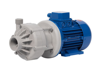 New industrial centrifugal pump with blue AC motor isolated on white background.