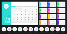 Modern Calendar For 2020 Year With Thin Line Icons For Each Month. Vector Illustration For Monthly Planning.