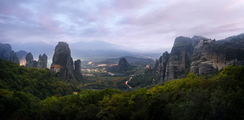 Wall Mural - panorama of meteora mountains and monasteries at sunset