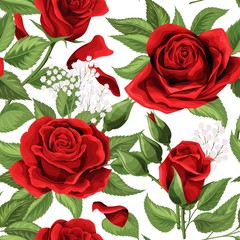 Wall Mural - Red rose bouquets and green leaves seamless pattern. Floral elements design