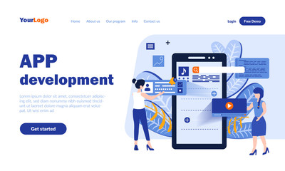 Aufkleber - Mobile app development vector landing page template with header. Application programming web banner, homepage design with flat illustrations. Modern microcircuit system. Software concept