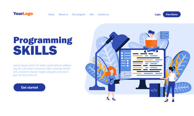 Programming skills vector landing page template with header. Software development web banner, homepage design with flat illustrations. Programmers cartoon characters. Web coding concept
