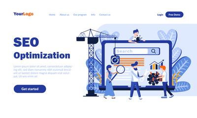 Wall Mural - seo optimization flat landing page template with header. business promotion strategy building web ba